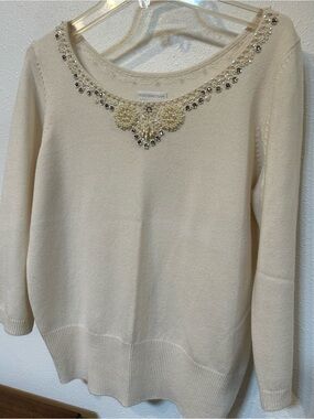 Worthington Cream Beaded Scoop Neck Sweater